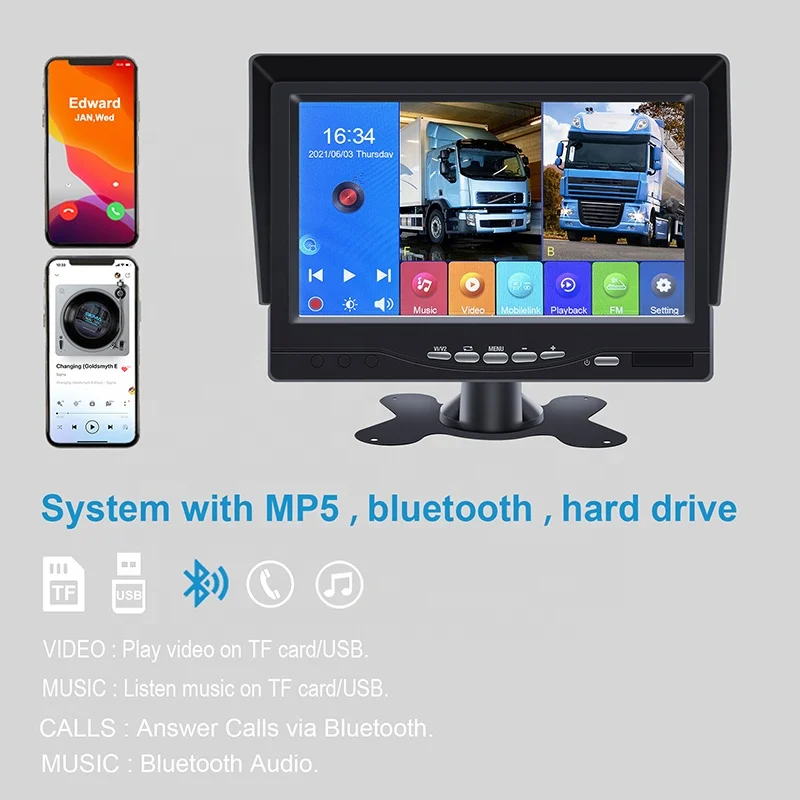 Display IPS da 7 pollici 1024 * 600 2 CH AHD 1080P Telecamera per retromarcia per visione notturna Sistema di monitoraggio per autobus per camion Full HD