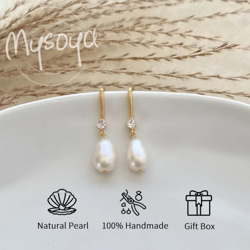 

MYSOYA White Rice-Shaped Freshwater Pearl Ear Hook Earrings 7-8mm With Gift Box For Her/Him Birthday/Wedding/Christmas Gifts