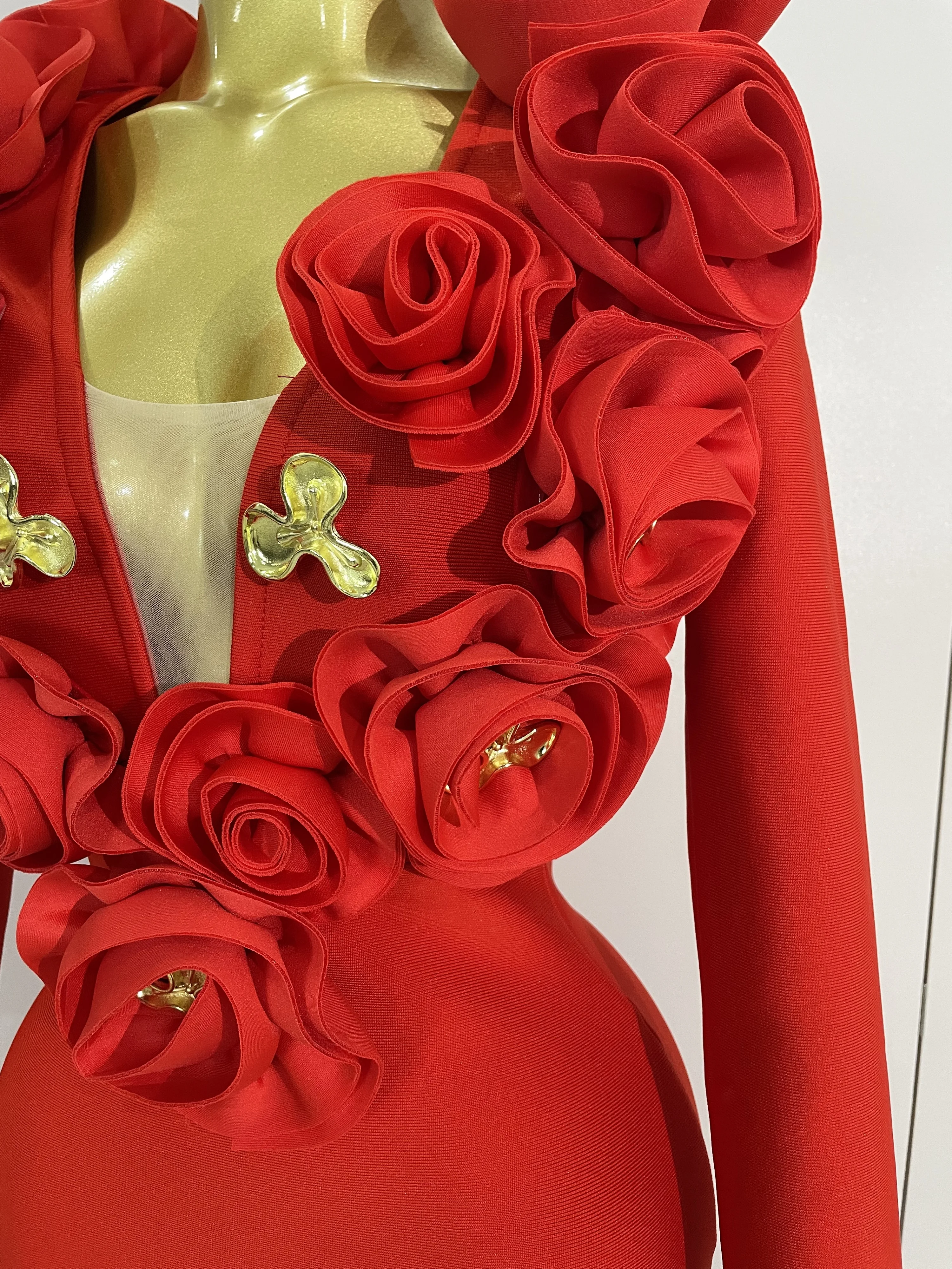 أزياء أنيقة ثلاثية الأبعاد زهرة طويلة الأكمام Bodycon ضمادة فستان المرأة المشاهير نادي الحفلات الفاخرة فستان الزفاف عيد ميلاد Vestidos