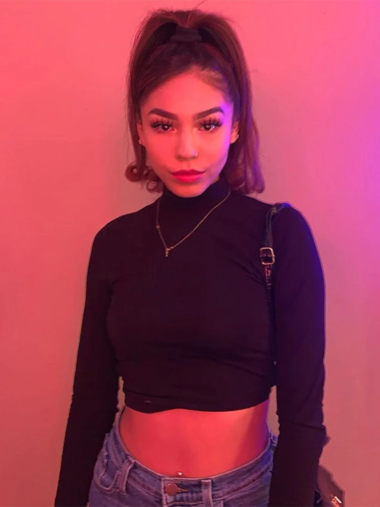 Womon-t-shirt de algodão das mulheres, sexy top, sem encosto, manga longa, harajuku, magro, bodycon, streetwear, malha