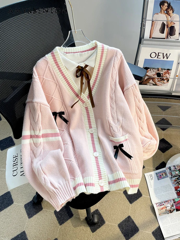 

2025 Spring and Autumn New V-neck Bowknot Women's Off-white Sweater Coat Sweet Design Loose Japanese Style Knitted Cardigan