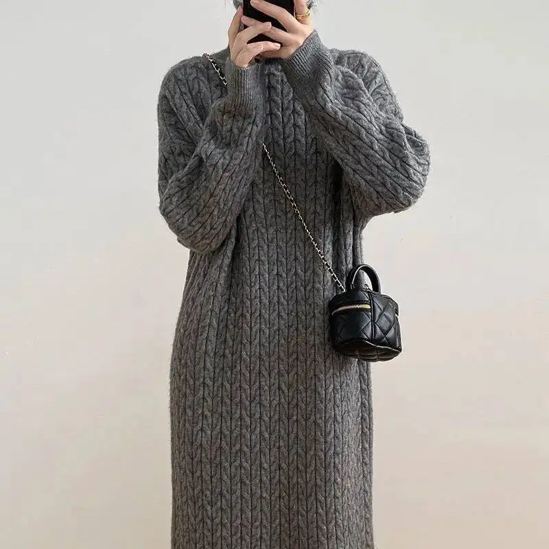

Women Knitting Dress 2025 Autumn Winter Women's Turtleneck Knitting Dress Long Knit Loose Thickened Warm Sweater Dress