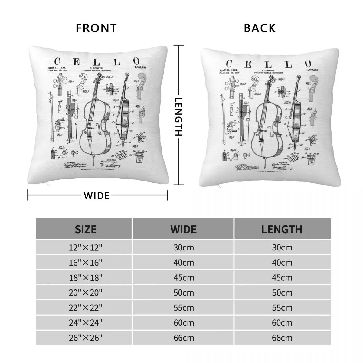 Cello Vintage Patent Cellist Square Pillowcase Polyester Linen Velvet Pattern Zip Decorative Pillow Case Home Cushion Case 45x45