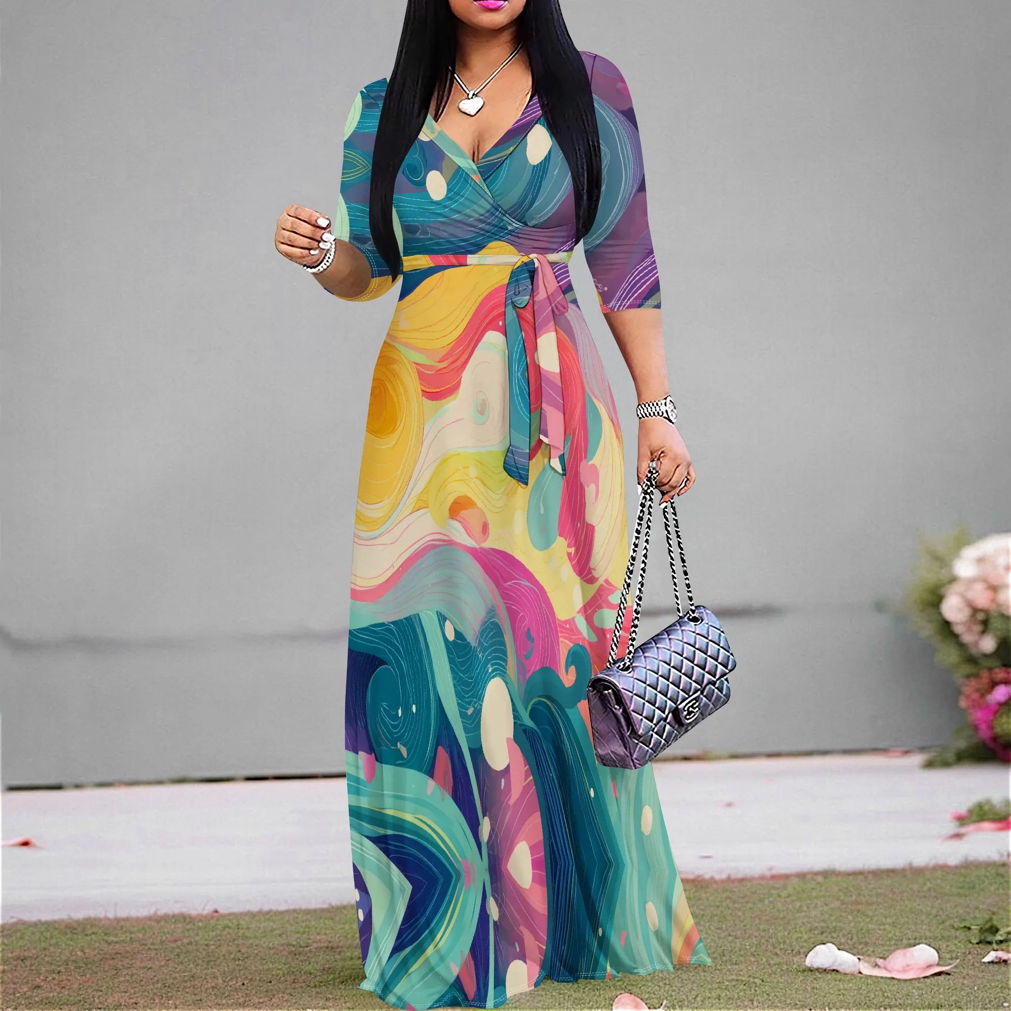 

Colorful Swirl Dot Print Wrap Maxi Dress S‑3XL V‑Neck 3/4 Sleeve Belted Style for Art Show, Pride Parade or Spring Brunch Look