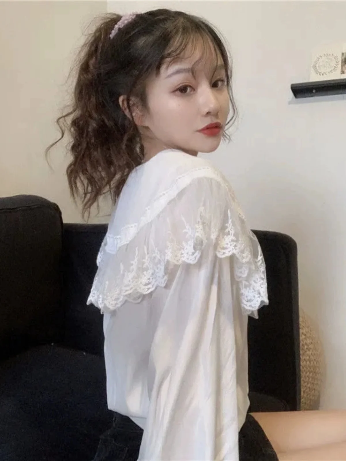 Colletto per bambola ampio e lungo con bordi in pizzo Sve irt Primavera Autunno Coreano Sle da donna Faionable Top Studente Trendy Poliestere