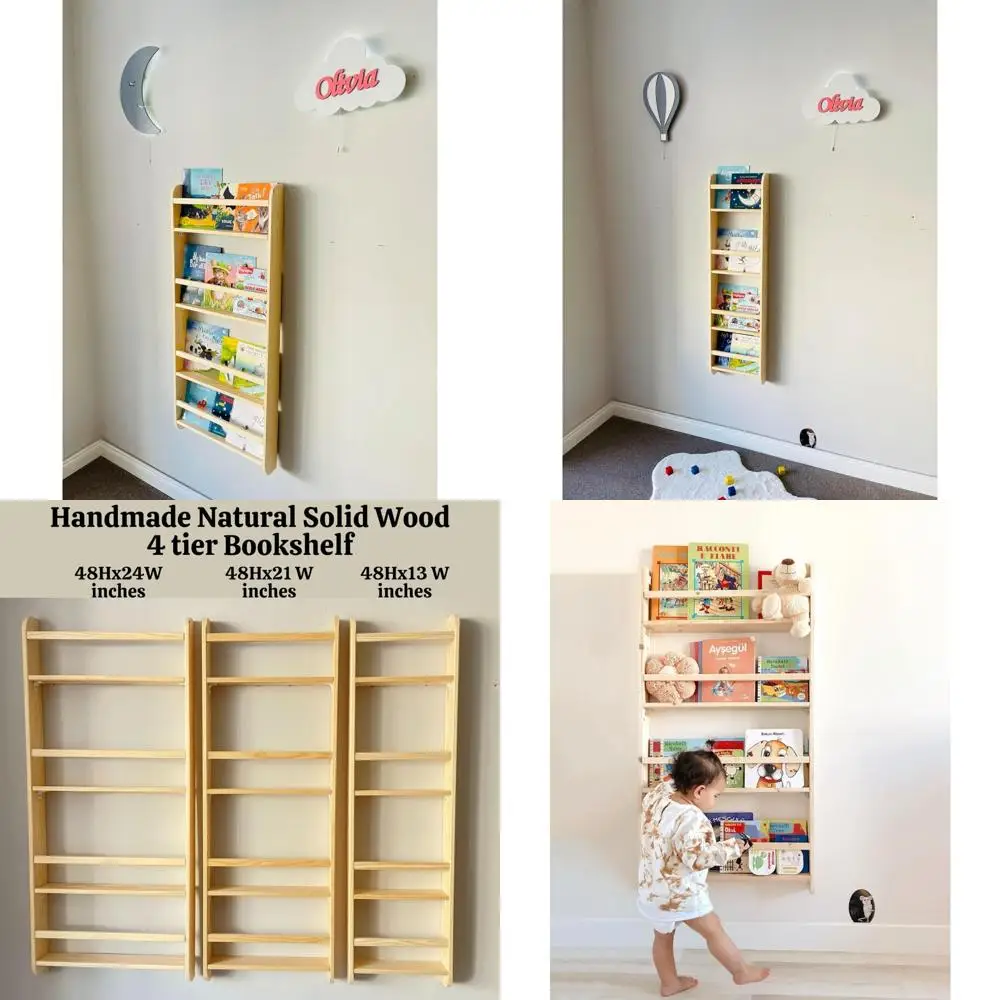 Naturalny drewniany regał ścienny w stylu Montessori, 4-poziomowy, do pokoju dziecięcego, oszczędzający miejsce.