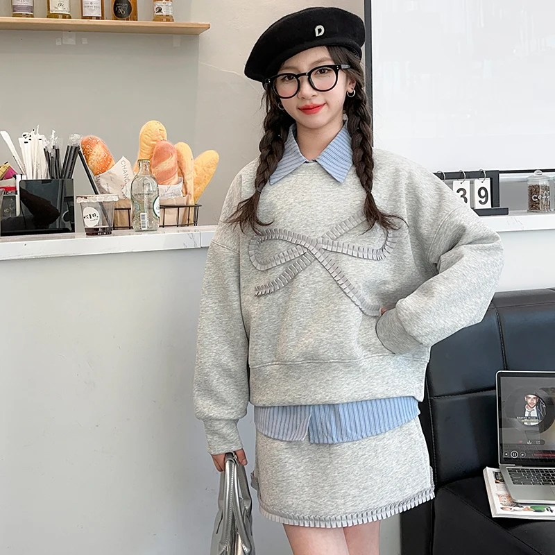 autumn Design junior girls bow set Bow tie hoodie+striped shirt+skirt 3pcs junior kids clothes suit child outfits 4-14 conjunto