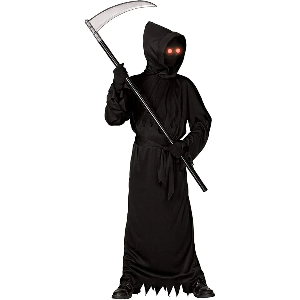 Grim Reaper Halloween Costume with Glowing Red Eyes for Kids, Scythe Included