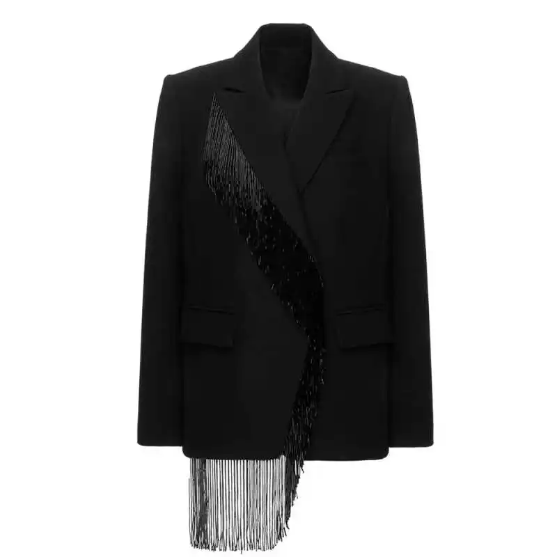 Luxury Black Blazer Dress Sparkly Tassel Beaded Women Suit Mini Party Evening Tuxedo Jacket Custom Made M263953