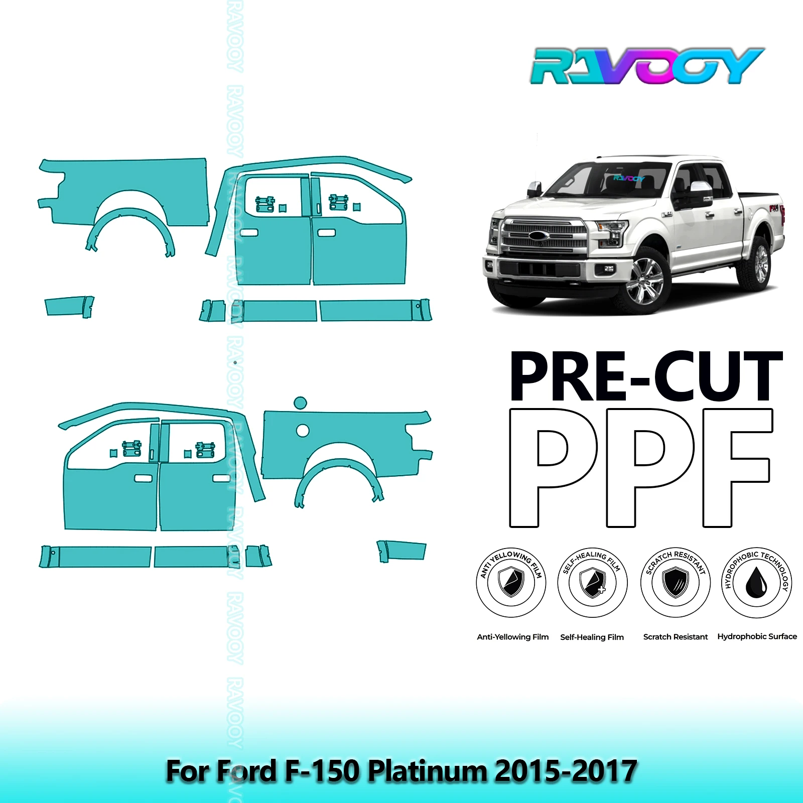 

For Ford F-150 Platinum 2015-2017 8.5mil Clear Matte Pre-Cut PPF Door & A/B Pillar Kit TPU Paint Protection Film Set
