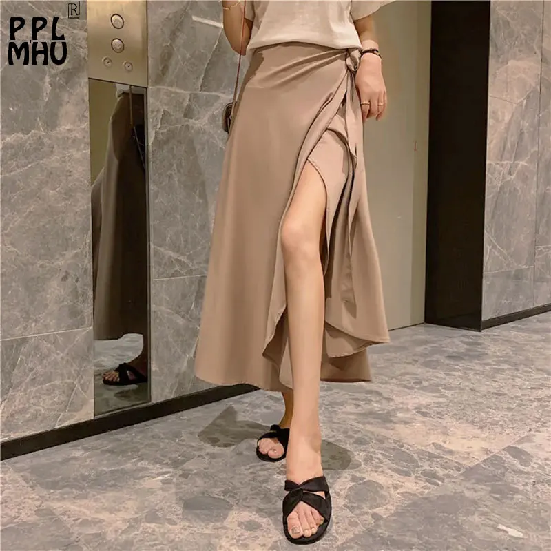 

Elegant All-In-One Chiffon Skirts Women Candy Color Summer Thin Split Design Lace Up Faldas Korean Calf Length High Waist Jupe