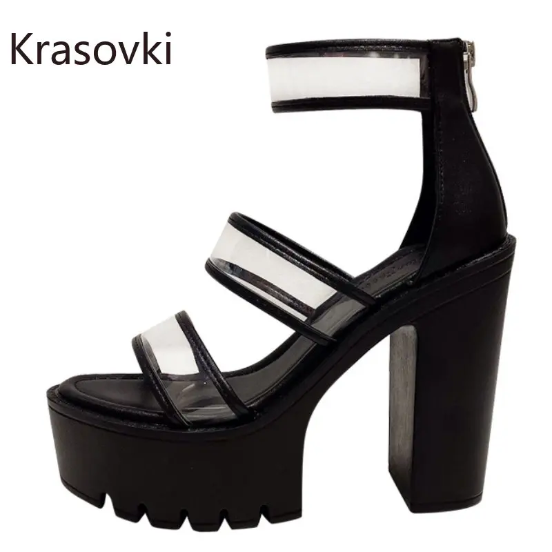 

Krasovki 13cm Plastic Synthetic Sexy Summer Platform Zipper Wedge Women Big Size Sandals Boots Dancing Elegance Fashion Shoes