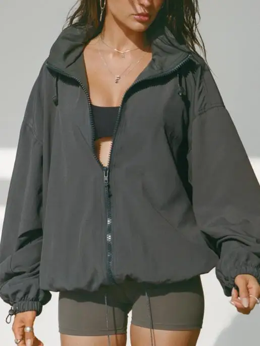 

Осенняя однотонная свободная спортивная куртка с воротником-стойкой и молнией спереди, женская спортивная куртка в спортивном стиле, свободная спортивная куртка с длинными рукавами