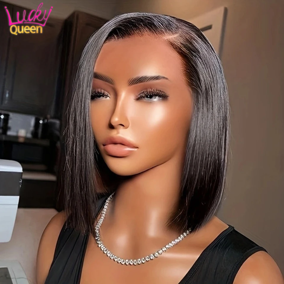 Natural Black Color Straight Human Hair Bob Wig 13x4 Lace Frontal Wig Preplucked Human Hair Wigs Ready To Go