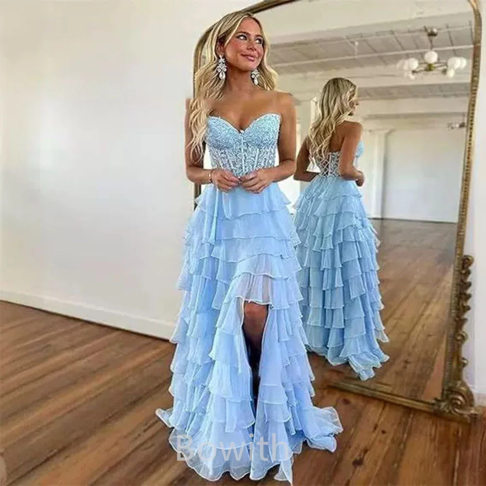 

Bowith Strapless Prom Dresses Women Corset A Line Long Evening Dresses Elegant Tiered Slit Cocktail Dress with Embroidery