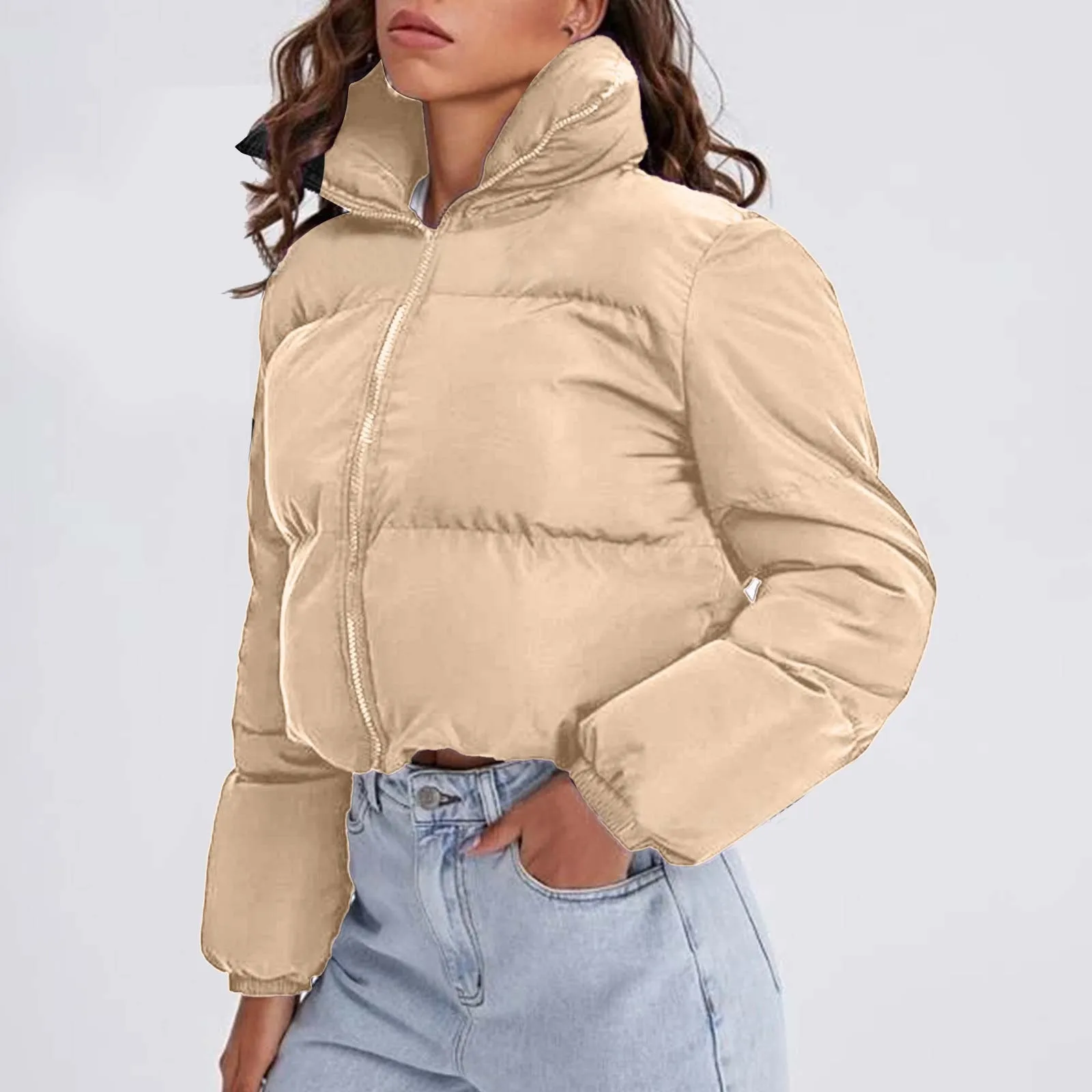 Inverno feminino manga longa oversized recortado jaqueta suporte zip up curto para baixo casaco cor sólida moda coreana casacos acolchoados