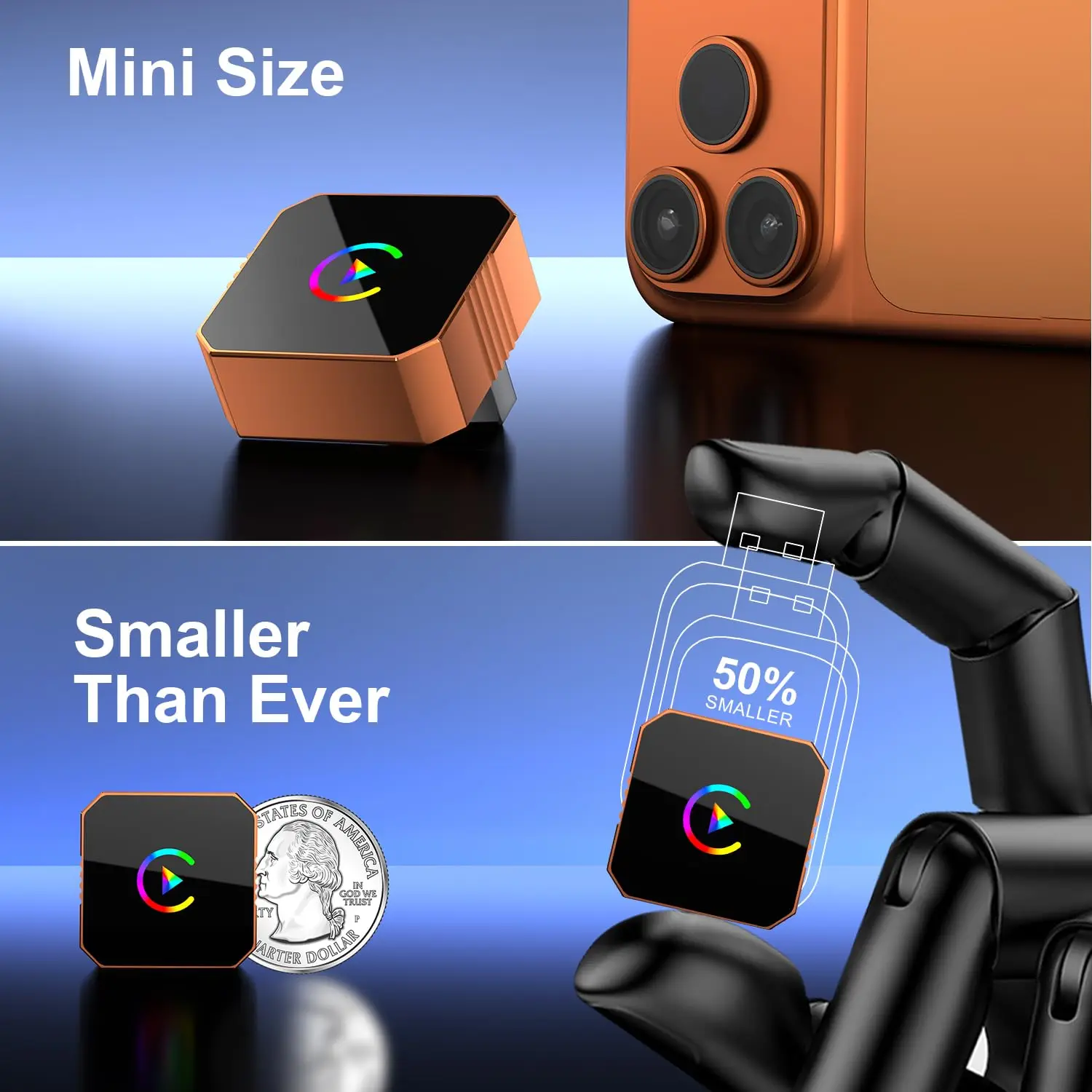 محول Carplay اللاسلكي لهاتف iPhone، CarPlay مع كابل إلى لاسلكي، تصميم Android Auto 2 في 1 Mini USB