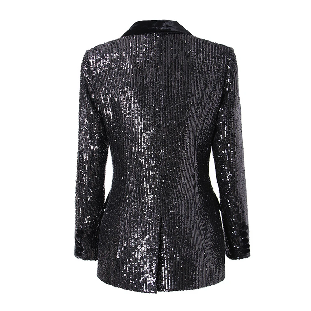 Fashionable Sequins Suit Blazer with Velvet Notch Collar, Slim Fitting Women's Shiny Suit Jacket,  High Street Costume Outfit