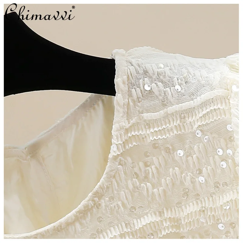 Fashion Heavy Sequin Embroidery Crew Neck Short Sleeve Lace Shirt Summer Korean Sweet Girl Loose Temperament Skinny Top Women