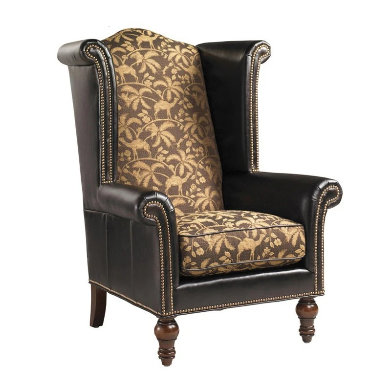 

Leather patchwork single sofa pedal combination, living room study all solid wood high back tiger chair furniture