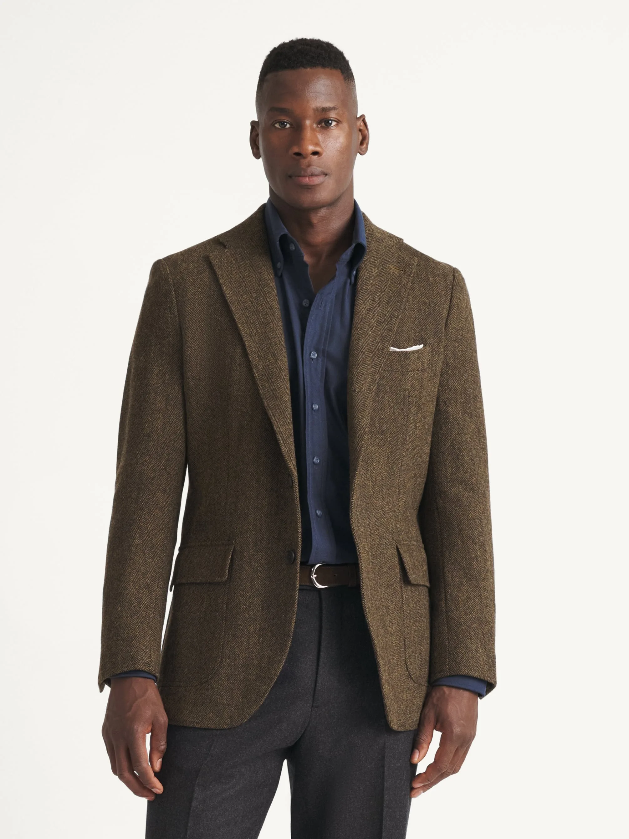 Classic Olive Green Tweed Blazer with Notch Lapel and White Pocket Square Men Autumn Vintage Suit Jacket Customized M266028