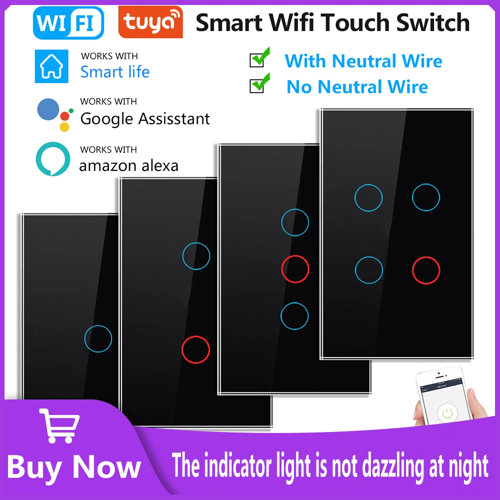 Tuya casa inteligente wifi interruptor de parede controle remoto sem fio neutro/sem neutro 1/2/3/4 bit toque detecção alexa google casa