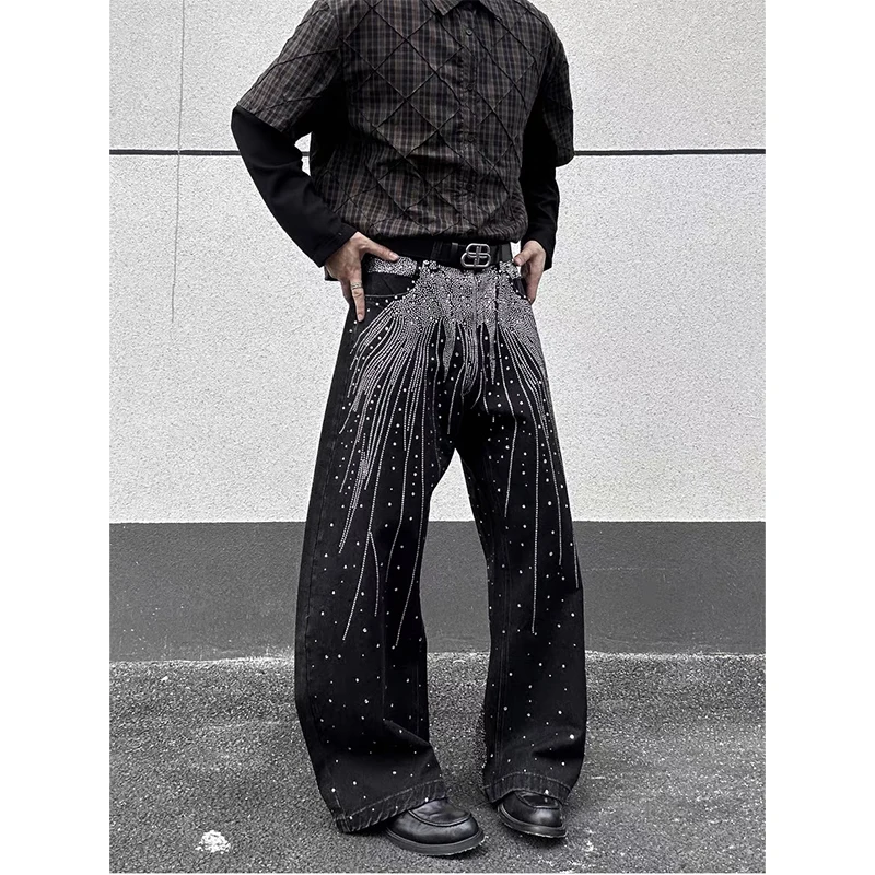 الرجال الأسود القوطي Y2k ايمو الجينز Harajuku خمر فضفاض سراويل جينز اليابانية 2000s نمط الجرونج حجر الراين الجينز السراويل الملابس #2