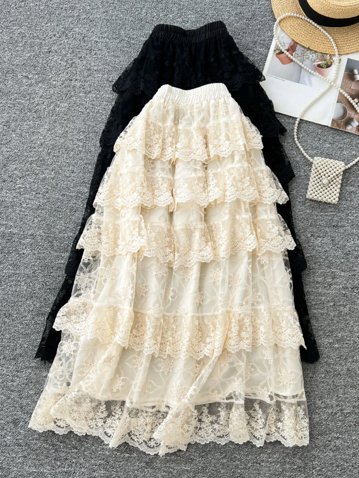 

Sweet Embroidered Lace Hook Flower High Waist A-Line Skirt Women's Full Body Me Gown Korean Sle Commute Spring Season