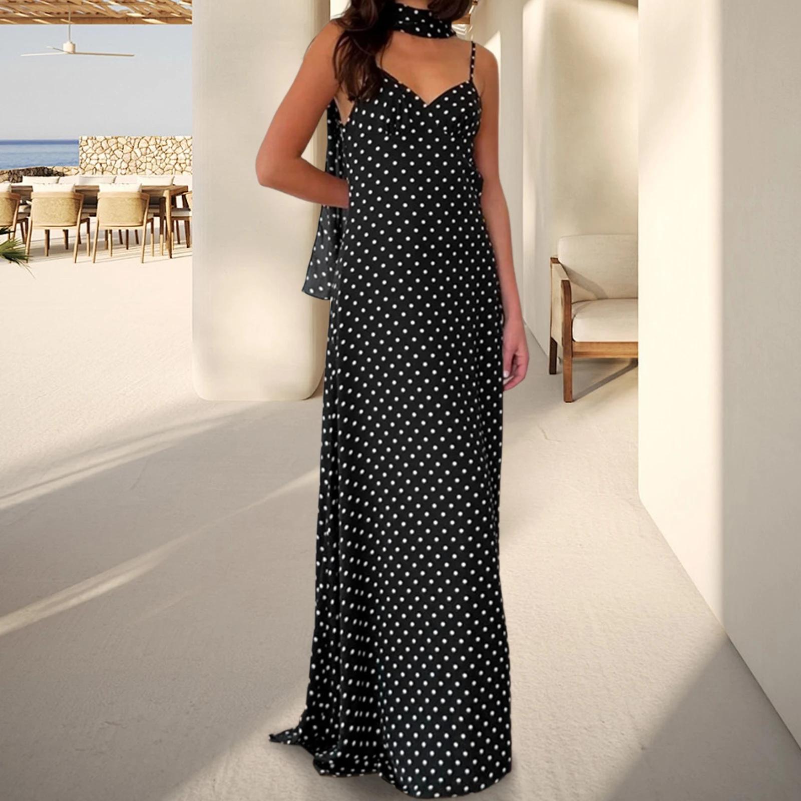 Abito slim fit da donna di nuova moda con scollo a V profondo, cinturino per spaghetti regolabile, senza schienale, pois estivi, abiti lunghi con sciarpa SML