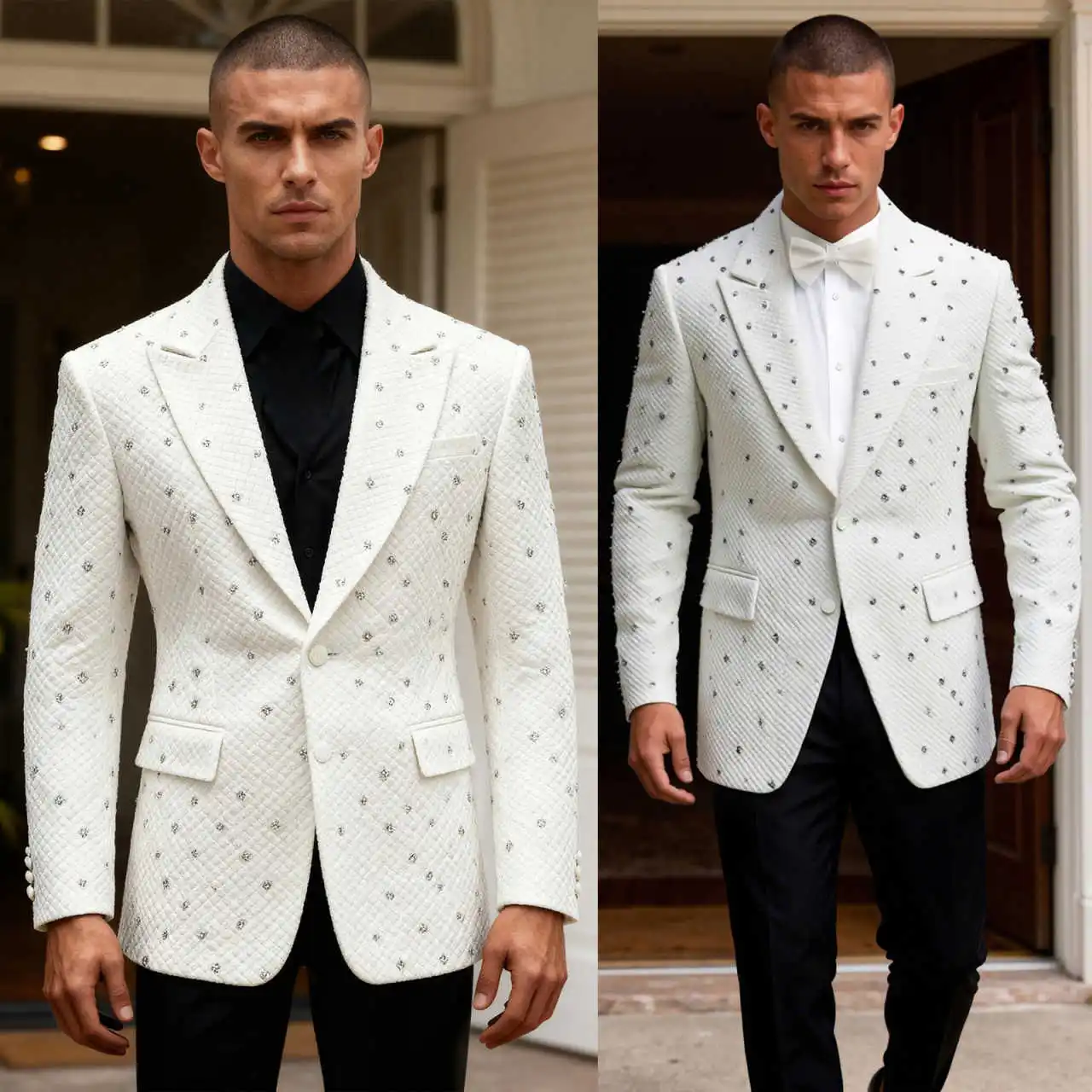 

Elegant Men's Suit 2 Pcs Jacket Pants Single-breasted Peaked Lapel Handmade Rhinestones Casual Wear Comforta Warm Customized