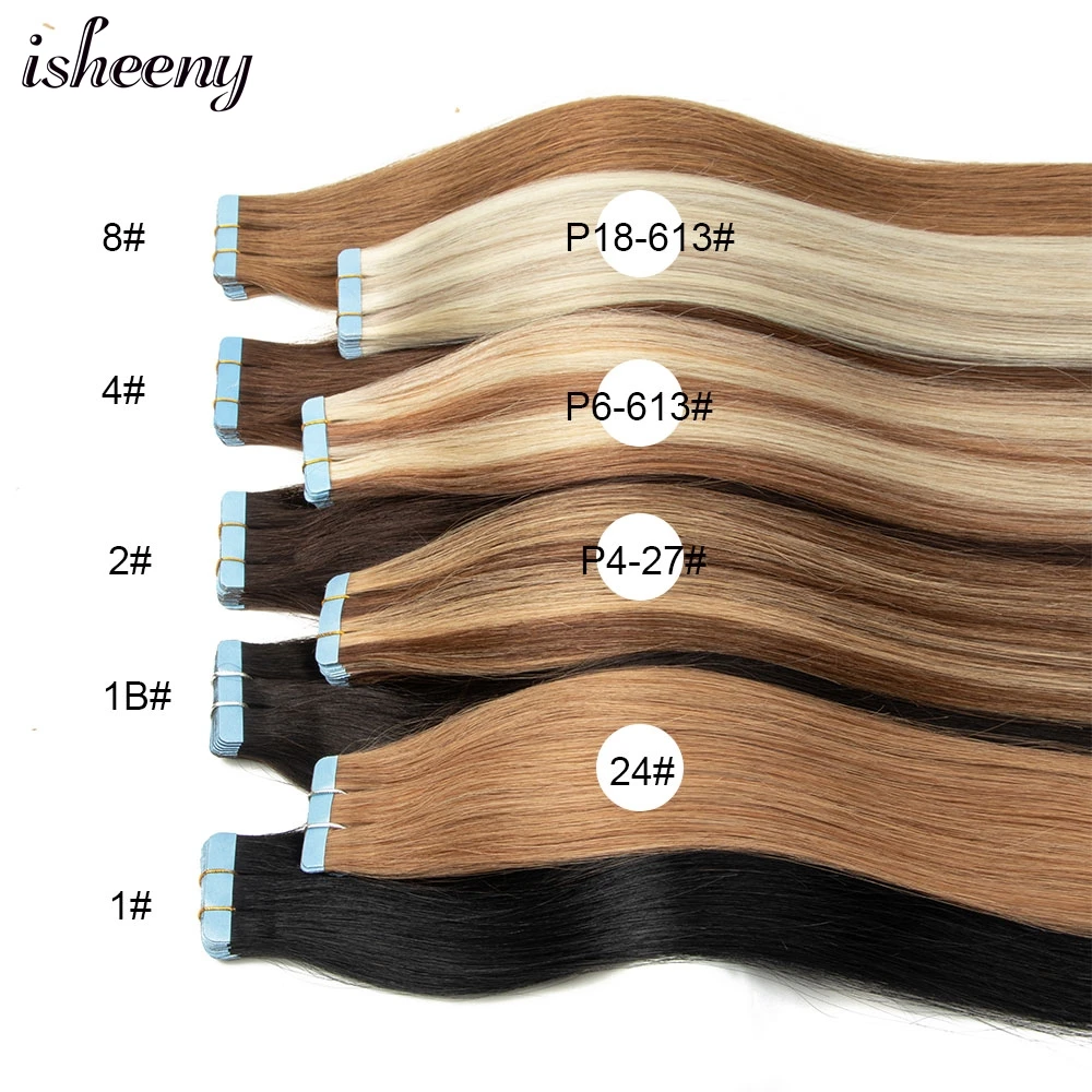 Isheeny-Cinta Negra en cabello humano, cabello liso Natural, sin costuras, 12-24 pulgadas, trama de piel de PU, 20 unids/lote por paquete