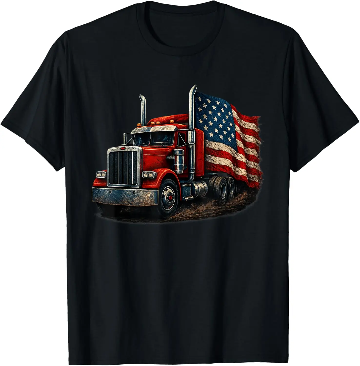Us American Flag Semi Truck Driver Trucker T-Shirt 100% Cotton Trendy Y2K Short-Sleeve Tee-Soft, Quick-Drying, Moisture-Wicking;