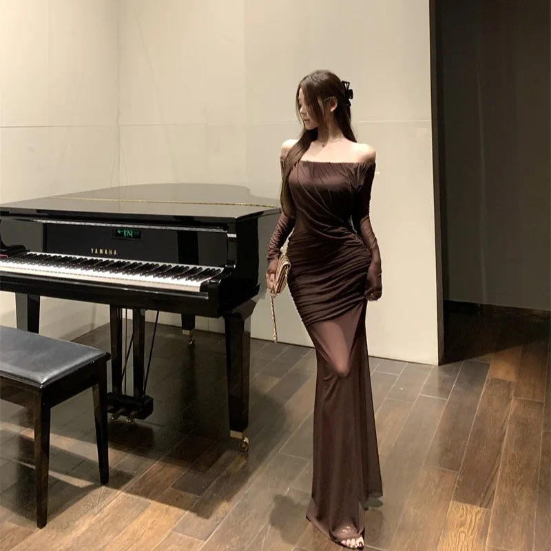 Oulder Bared Long Sve Bodycon Dr with Me Trim cintura ceñida Otoño Invierno nueva versión coreana Sle Falda larga Dr