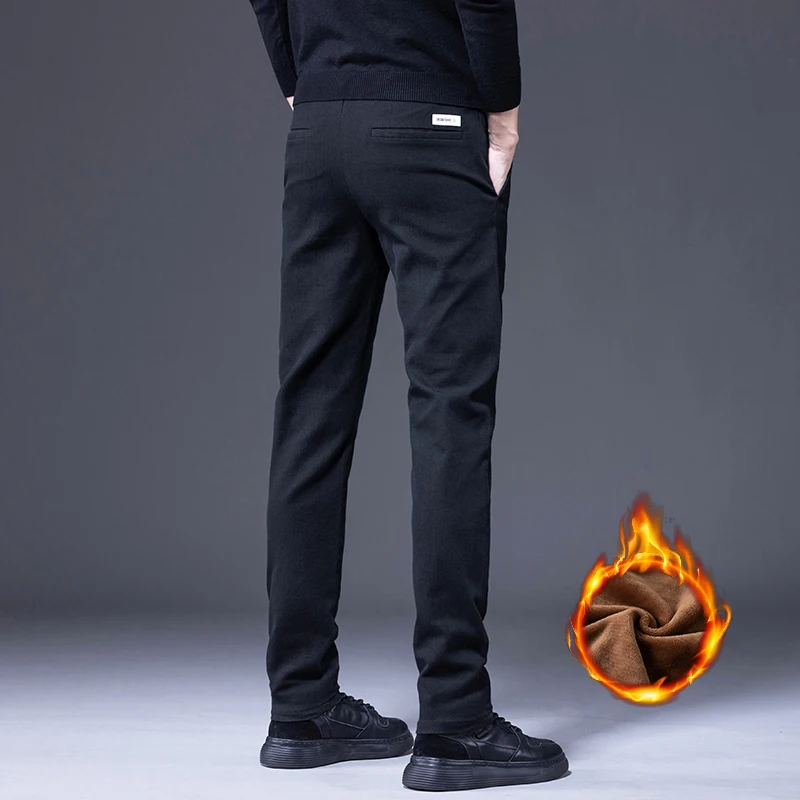 Solid Winter Warm Straight Casual Pants Men Business Cotton Fleece Stretch Slim Trousers Fashion Young Male Clothing Sizes 28-38