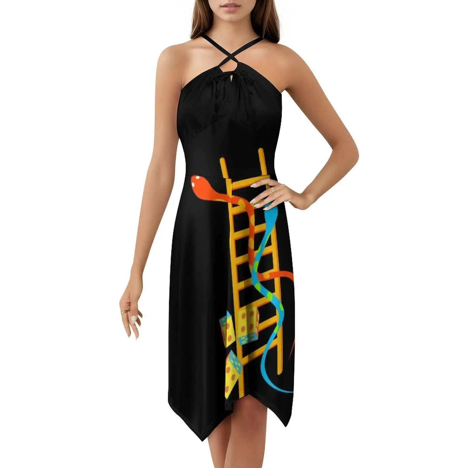 فستان بوهيمي بدون أكمام على شكل ثعابين وسلالم للنساء مطبوع فساتين حفلات الشاطئ Moksha Patam Board Game ألعاب كلاسيكية للسيدات #5