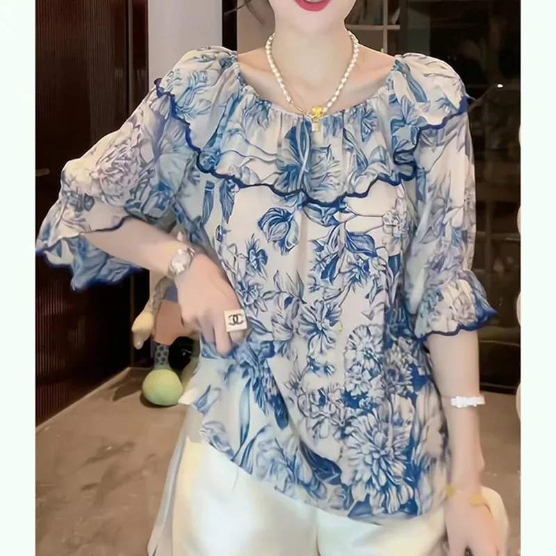 

Elegant Floral Blouses Women's O-Neck Printed Ruffles Flare Sleeve Clothing 2025 Summer Loose Office Lady Tops Vintage Shirts
