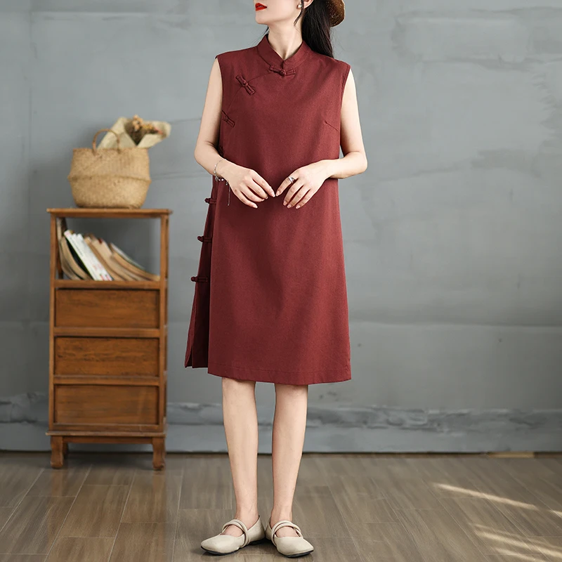 Zomer Nieuwe Plus Size Button Up Dr Midi Rode Etnische Sle Rok Met Kant Knoop Chinese Traditionele Faion Dames...