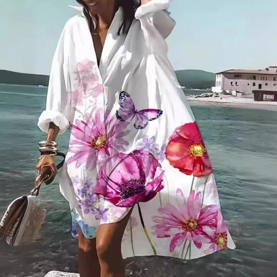 2025 Abito camicia ampia stampato per donna Elegante nuova gonna asimmetrica Abiti casual comodi e alla moda in stile vacanza
