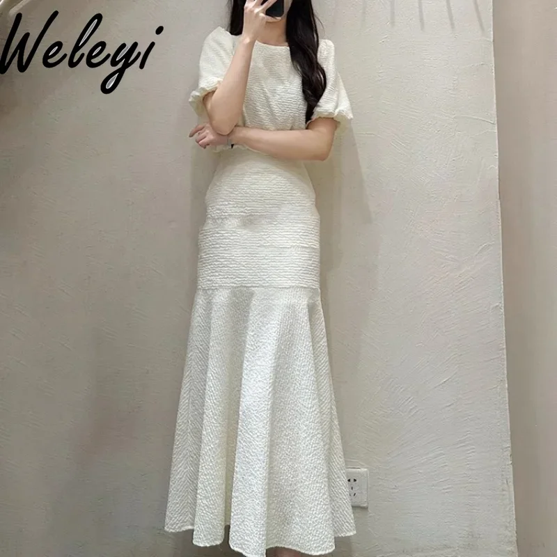 

Woman Summer Outfits Elegant Short Puff Sleeve Shirt 2024 New White Texture Advanced Fishtail Suit Skirt Female 2 Pieces Set