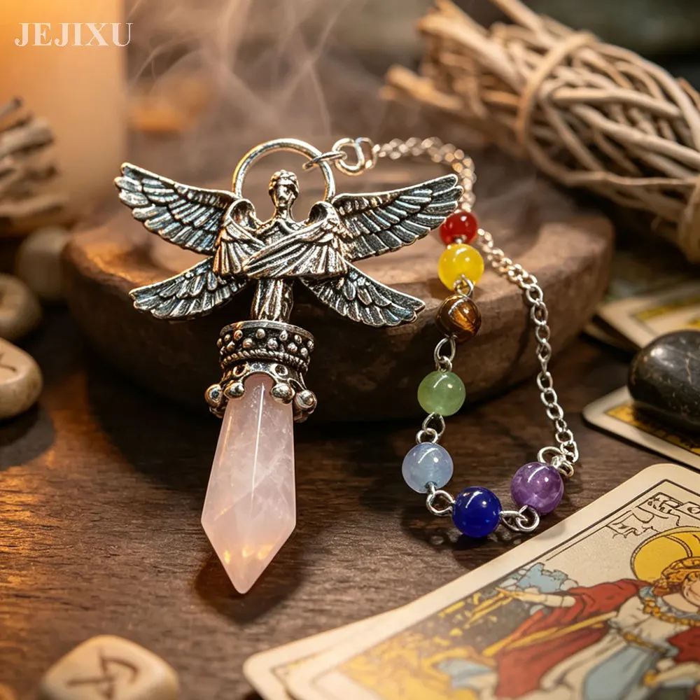 Retro Angel Crystal Pendulum for  Divination Dowsing Natural Stone Pendant Amethysts Witchcraft Spiritual Quartz Pendulos X460