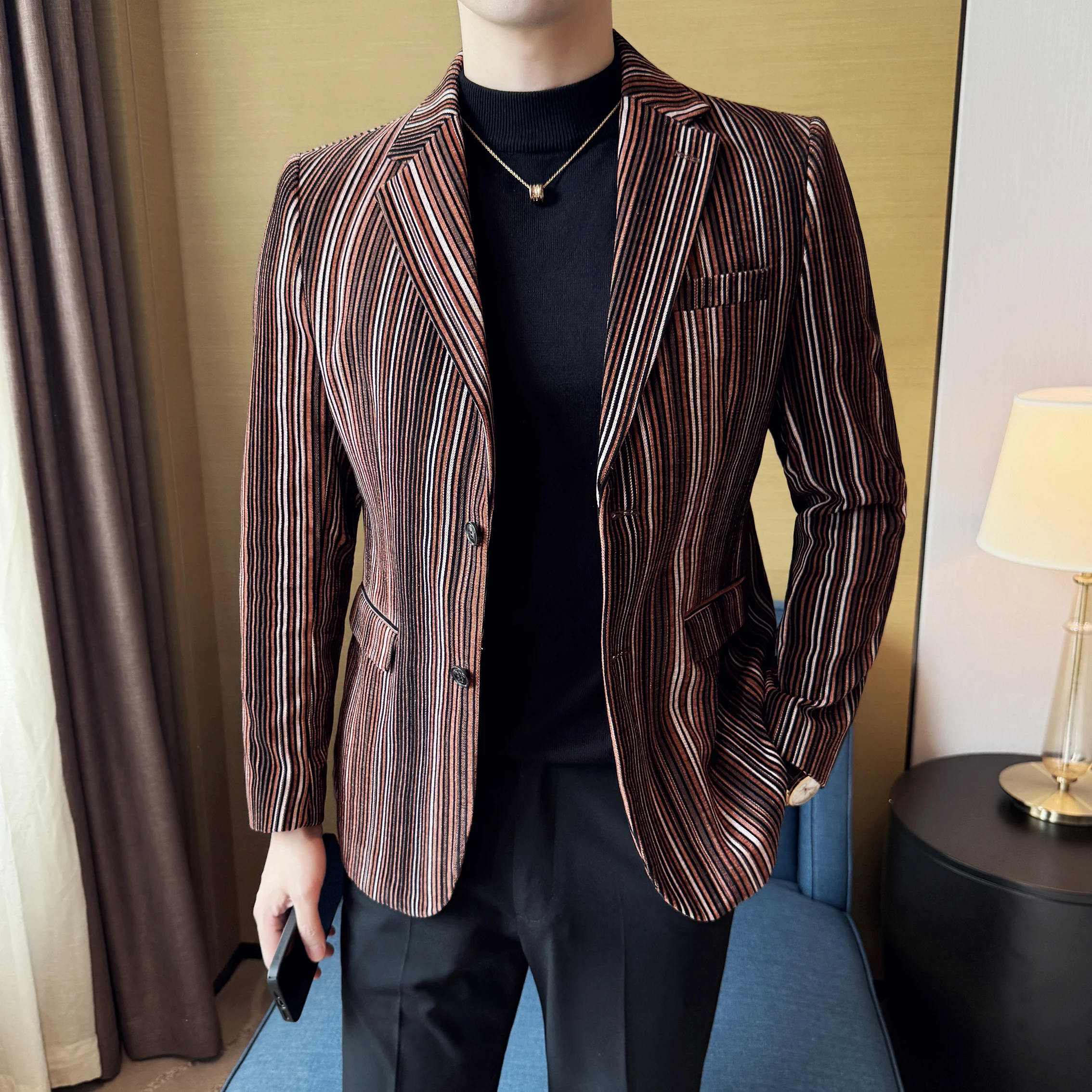 

High-quality, stylish striped casual suit jacket for men, British-style business premium Korean-style slim-fit suit