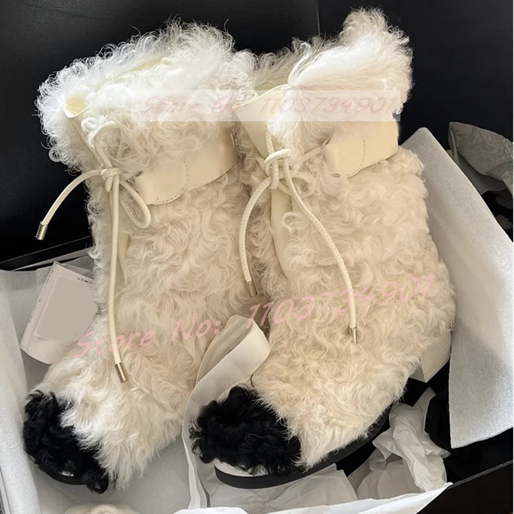 Fluffy Furry Round Toe Mid Calf Boots Women Fashion Warm Lace Up Block Mid Heels Shoes Lady Party Elegant Sweet Lolita Boots