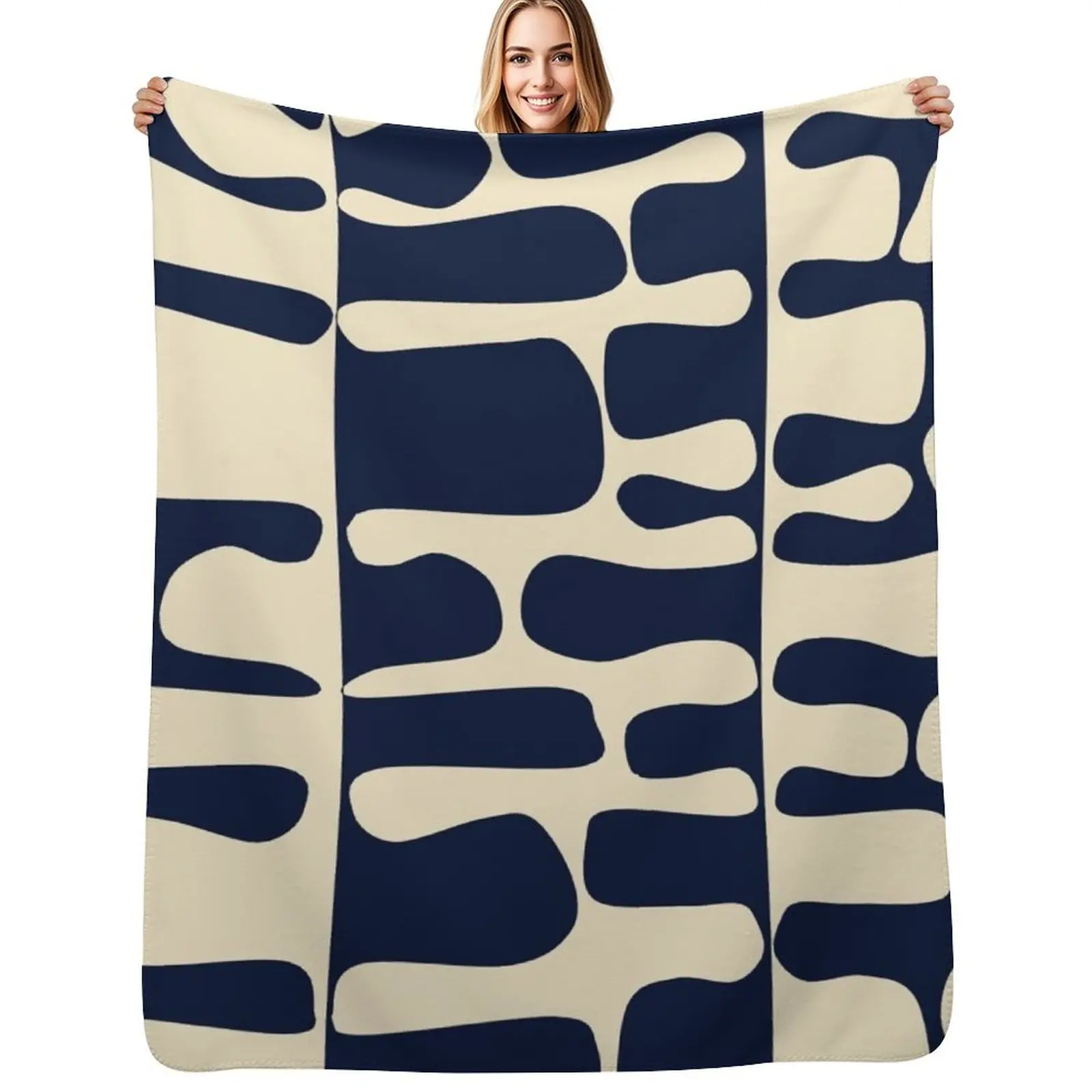 

Modern Matisse Inspired Pattern in Navy Blue and Cream Throw Blanket Portable Lightweight Blanket for Travel Camping