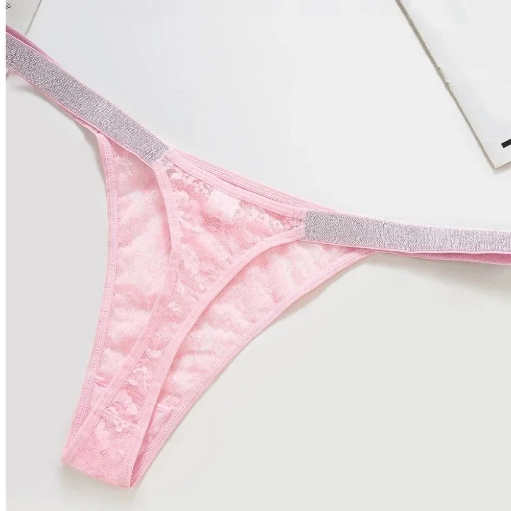 Comfortable Rhinestone Belt Women's Thongs Hollow Out Low Waist Lace Thongs Mesh Underwear T-back Briefs Female Underwear