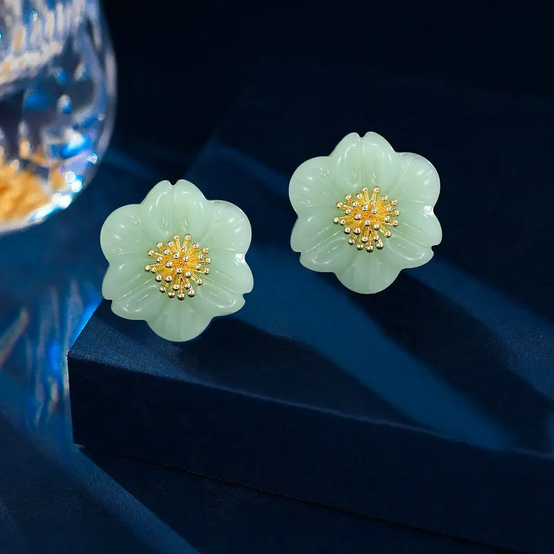 FXLRY Elegant s925 Silver Needle Sweet Imitation Jade Green Flower Earrings For Women Wedding Bridal Party Jewelry