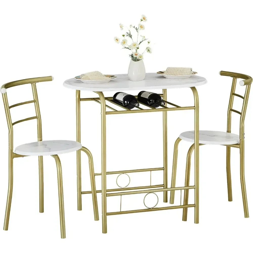 Conjunto de mesa de jantar redonda pequena de 3 peças para cozinha, centro de café da manhã, mesa de grão de madeira com rack de armazenamento de vinho, economiza espaço, 31,5