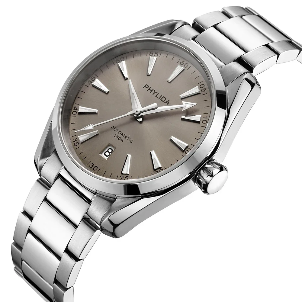 PHYLIDA Jam Tangan Otomatis Dial Abu-abu Baru Aqua AT 150M Jam Tangan Kristal Safir NH35A Jam Tangan Penyelam 100WR untuk Pria Tanggal Pada 6