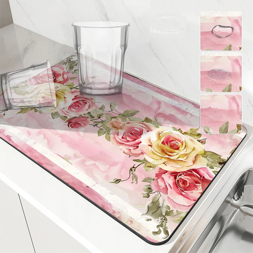 Kitchen Absorbent Drying Mat Plants Flowers Rose Watercolor Kitchen Table Decoration & Accessories Color Pattern Tables Mats