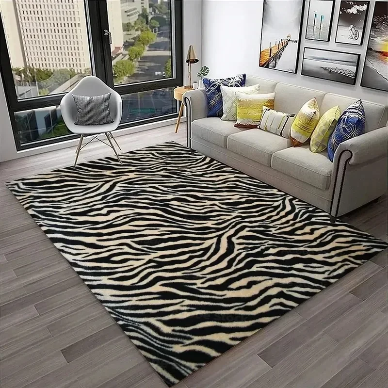 Large Black and White Zebra Print Faux Fur Area Rug for Living Room Sofa Decor
