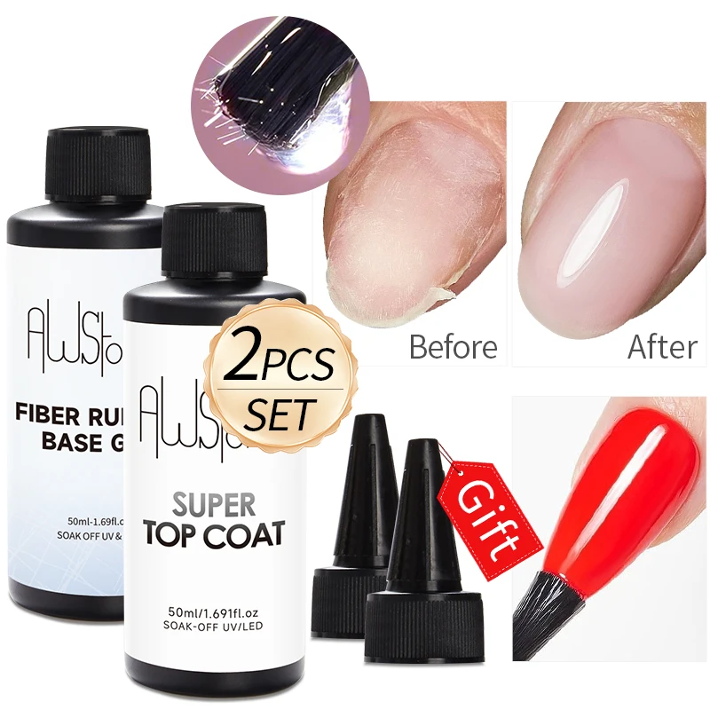 2Pcs Fiber Rubber Base Gel & Super Shiny Top Coat Gel Set 50ml Each Soak Off UV LED Repair Damaged Nails No Wipe Gloss Seal Layer DIY Home Nail Art Varnish